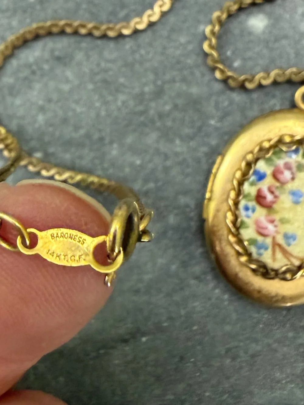 Vintage 14 Karat Gold Filled Floral Guilloche Enamel Locket Necklace